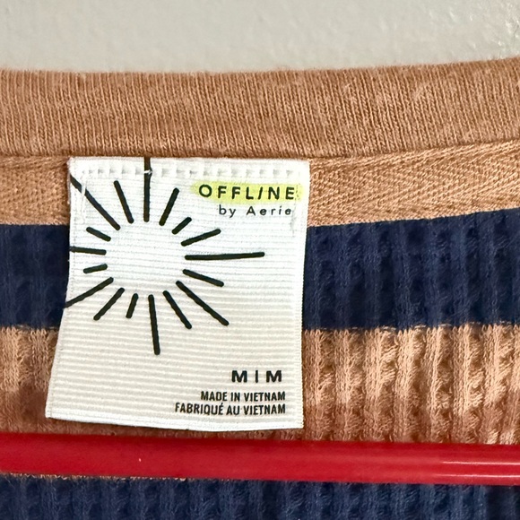 OFFLINE by Aerie Waffle Knit Striped V-Neck Top Medium Tan Navy - Picture 3 of 3